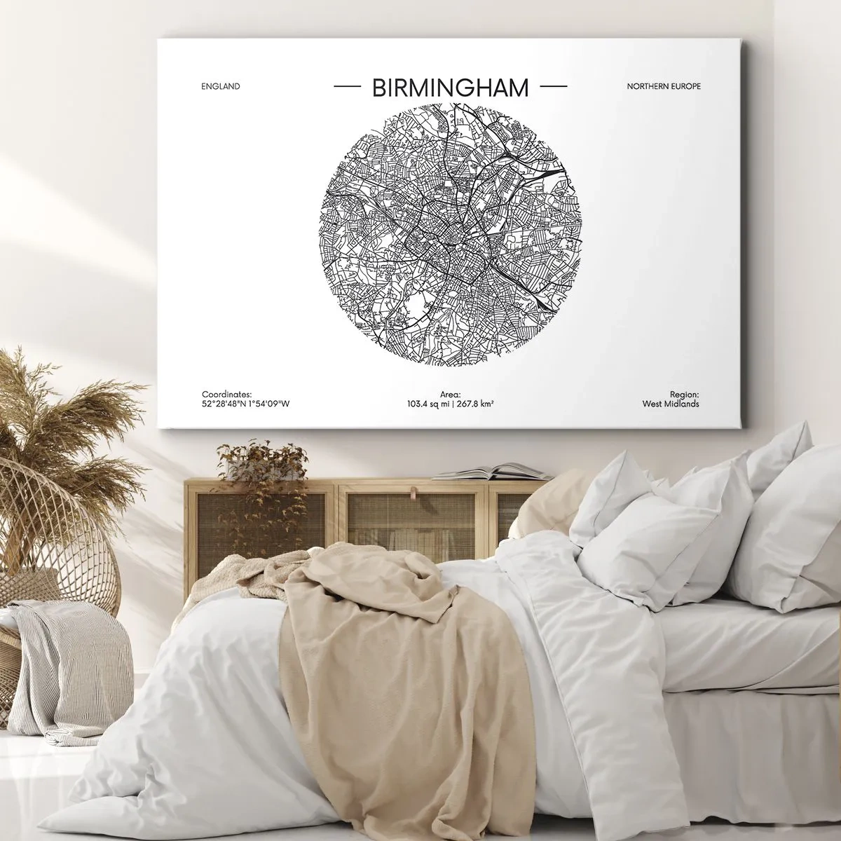 Lærredstryk - Billede på lærred - Et minimalistisk sort-hvidt kort over Birmingham med præcise detaljer. - 70x50cm - Birminghams anatomi - Moderne vægdekoration til stue og soveværelse ARTTOR