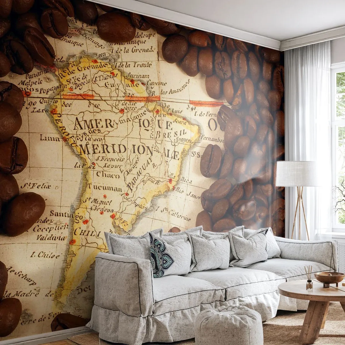 Fototapet Premium Sand - Hvor kommer den bedste kaffe fra? - Verdenskort, Kaffe, Amerika - 100x70 cm
