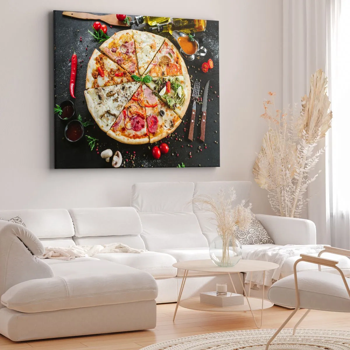 Lærredstryk - Billede på lærred - Pizza i forskellige smagsvarianter med en baggrund af toppings - 70x50cm - Et udvalg af smagsvarianter - Moderne vægdekoration til stue og soveværelse ARTTOR