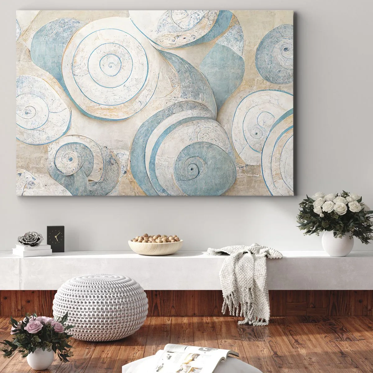 Lærredstryk - Billede på lærred - Abstrakte skaller i pastelfarver - 70x50cm - Hvad gemmer skallen på? - Moderne vægdekoration til stue og soveværelse ARTTOR