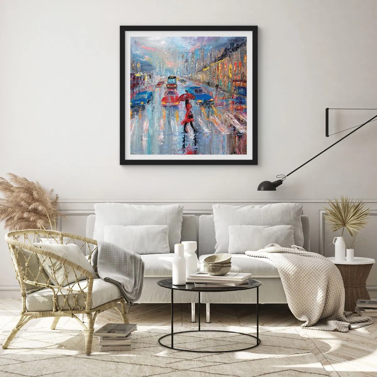 Plakat i sort ramme - Regnfuld eftermiddag i byen - 50x50 cm