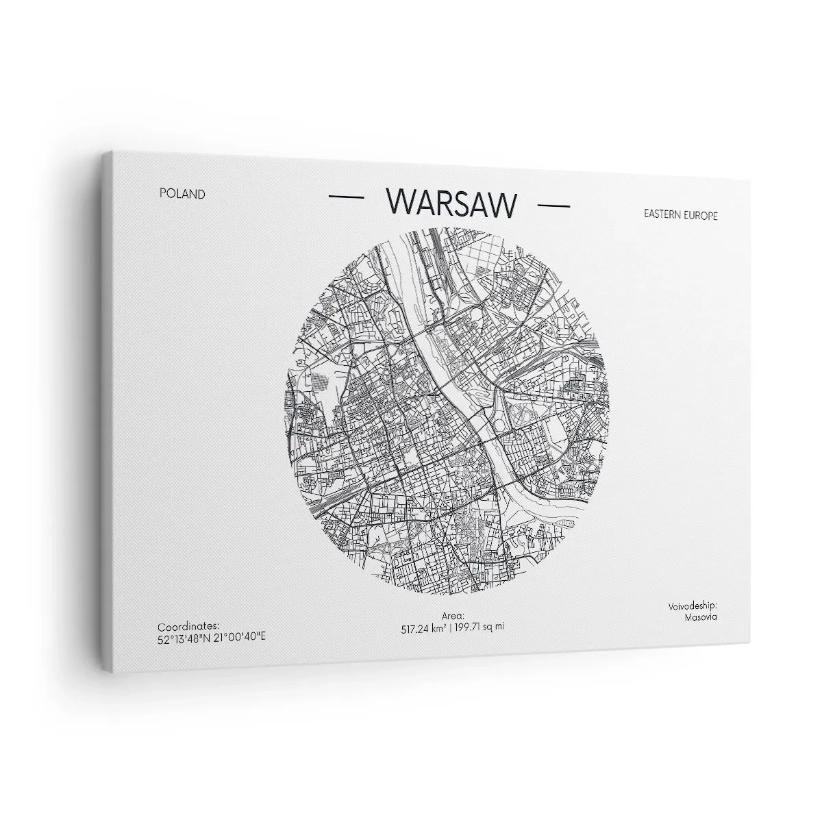 Lærredstryk - Billede på lærred - Et kort over Warszawa i minimalistisk stil - 70x50cm - Warszawas anatomi - Moderne vægdekoration til stue og soveværelse ARTTOR