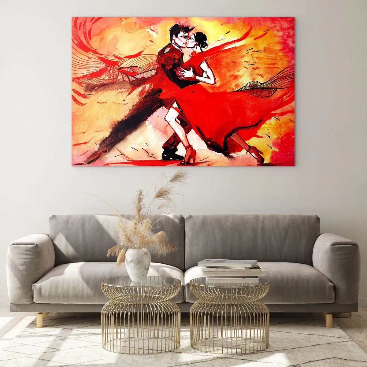 Billede på glas - Et par, der danser i en dynamisk rød komposition - 70x50cm - Lilla rytme af lidenskab - Moderne vægdekoration til stue og soveværelse ARTTOR