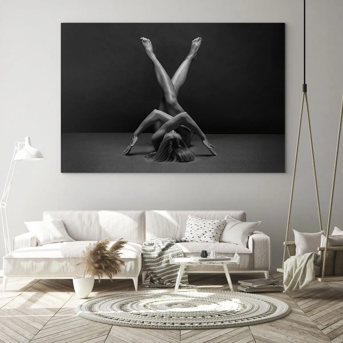 Billede på glas - Kvindelig nøgen i en geometrisk kropskomposition - 70x50cm - Nøgenhedens geometri - Moderne vægdekoration til stue og soveværelse ARTTOR