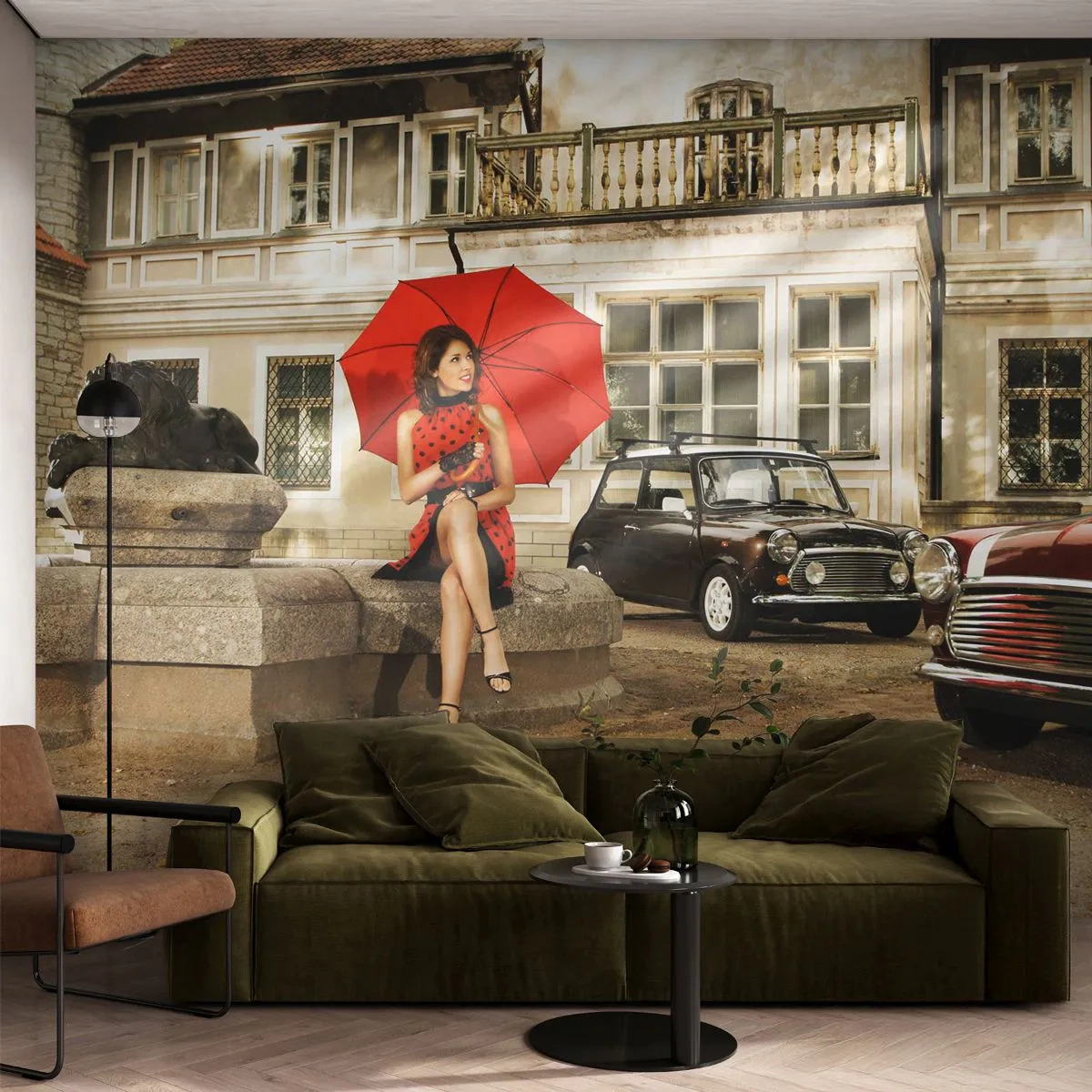 Fototapet Premium Sand - En mini-sentimental rejse - Kvinde, Arkitektur, Bil - 100x70 cm