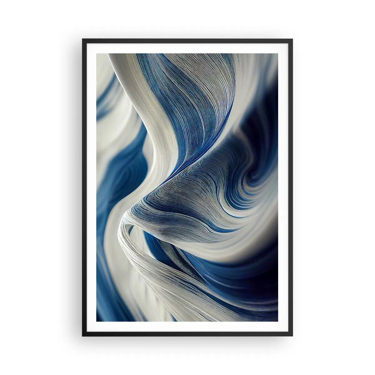 Plakat i sort ramme - Flydende blå og hvide farver - 70x100 cm