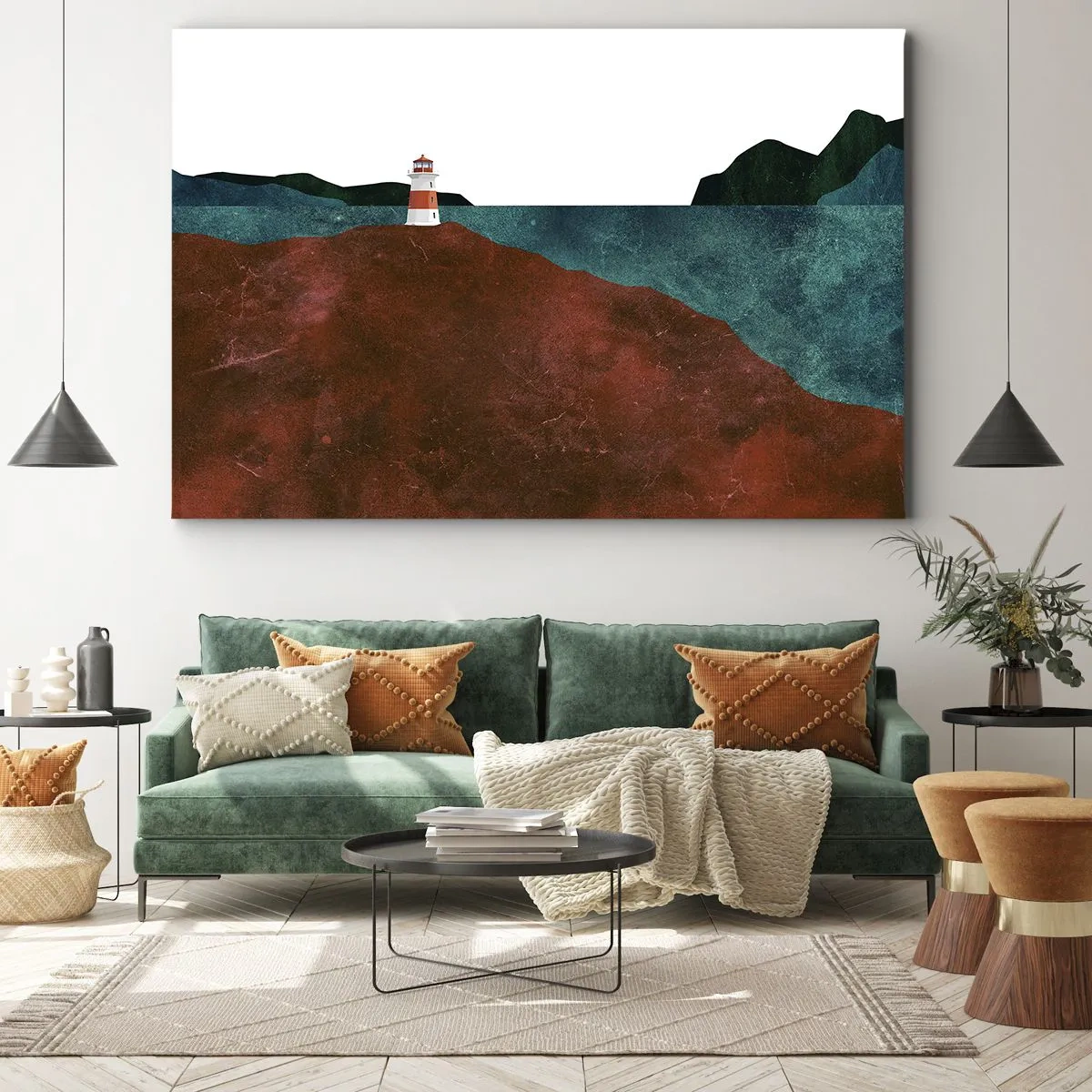 Lærredstryk - Billede på lærred - Et fyrtårn med bjerge og hav som baggrund - 70x50cm - Med blikket rettet mod havet - Moderne vægdekoration til stue og soveværelse ARTTOR