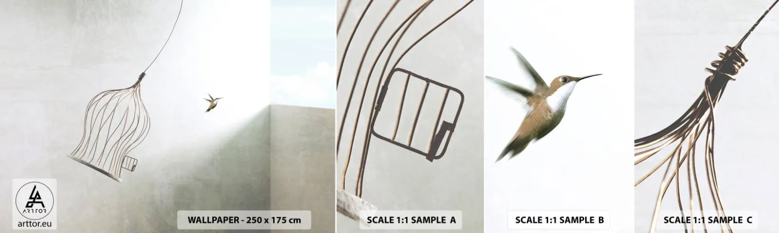 Prøve Fototapet Selvklæbende Deluxe Sticker - I sit elementet - Abstraktion, Fugl, Fuglebur - 100x30 cm