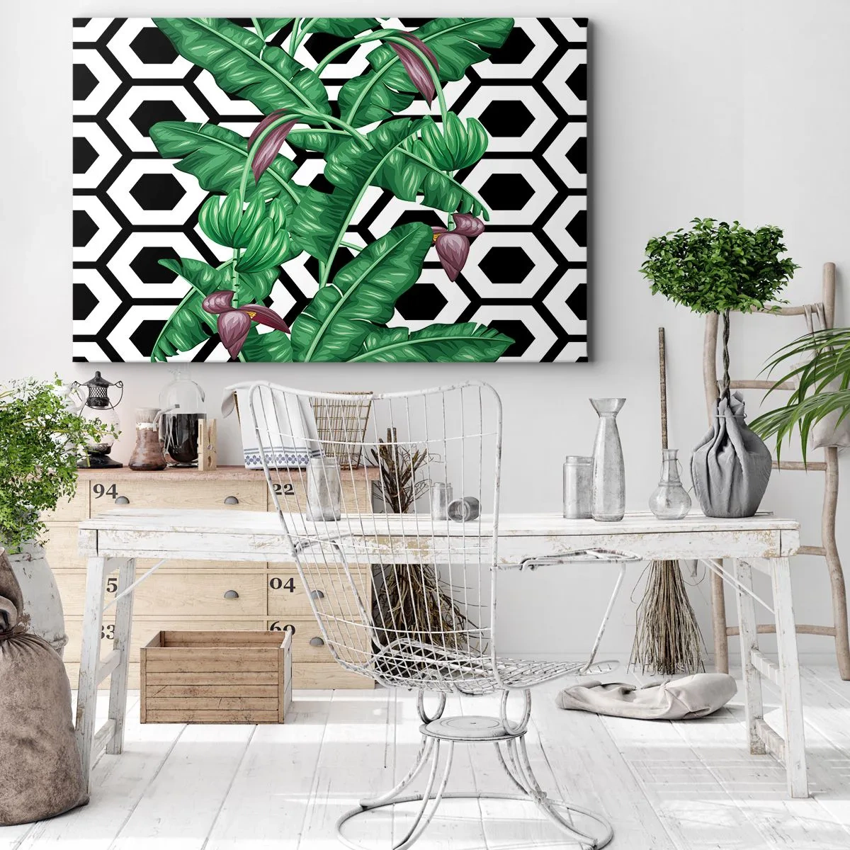 Lærredstryk - Billede på lærred - Tropiske blade på en geometrisk baggrund - 70x50cm - Symmetrisk komposition fra naturen - Moderne vægdekoration til stue og soveværelse ARTTOR