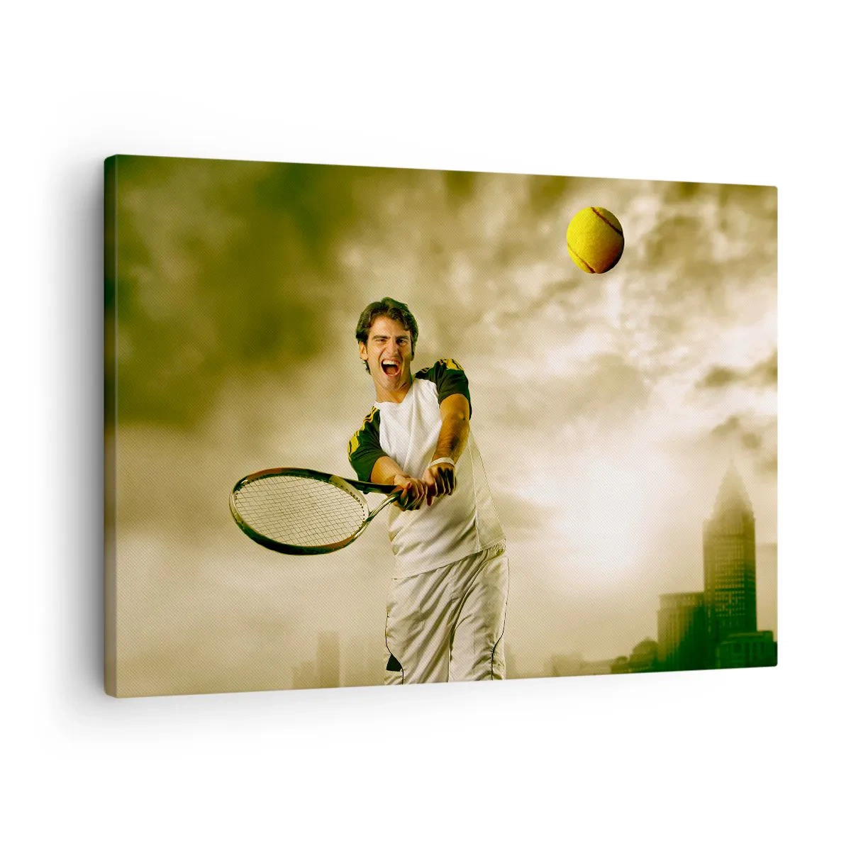 Lærredstryk - Billede på lærred - Tennisspiller i aktion under en kamp mod baggrund af et bylandskab - 70x50cm - Energi og glæde - Moderne vægdekoration til stue og soveværelse ARTTOR
