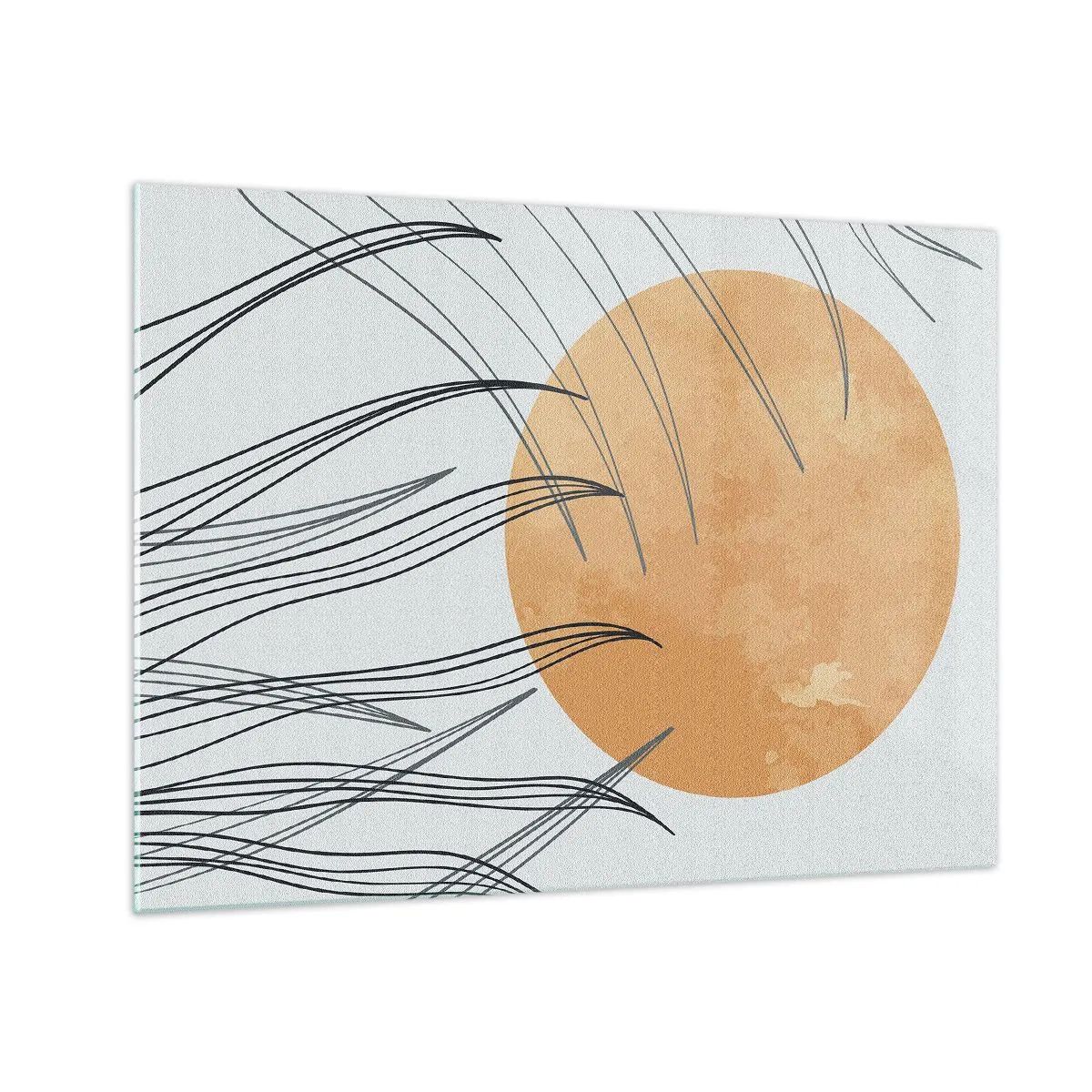 Billede på glas - Orange sol med dynamiske linjer på en lys baggrund - 70x50cm - Altid mod solen - Moderne vægdekoration til stue og soveværelse ARTTOR