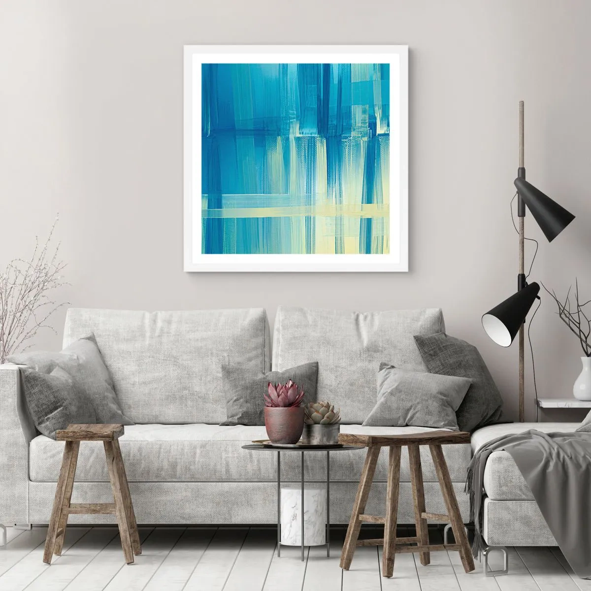 Plakat i hvid ramme - Komposition i turkis - 60x60 cm