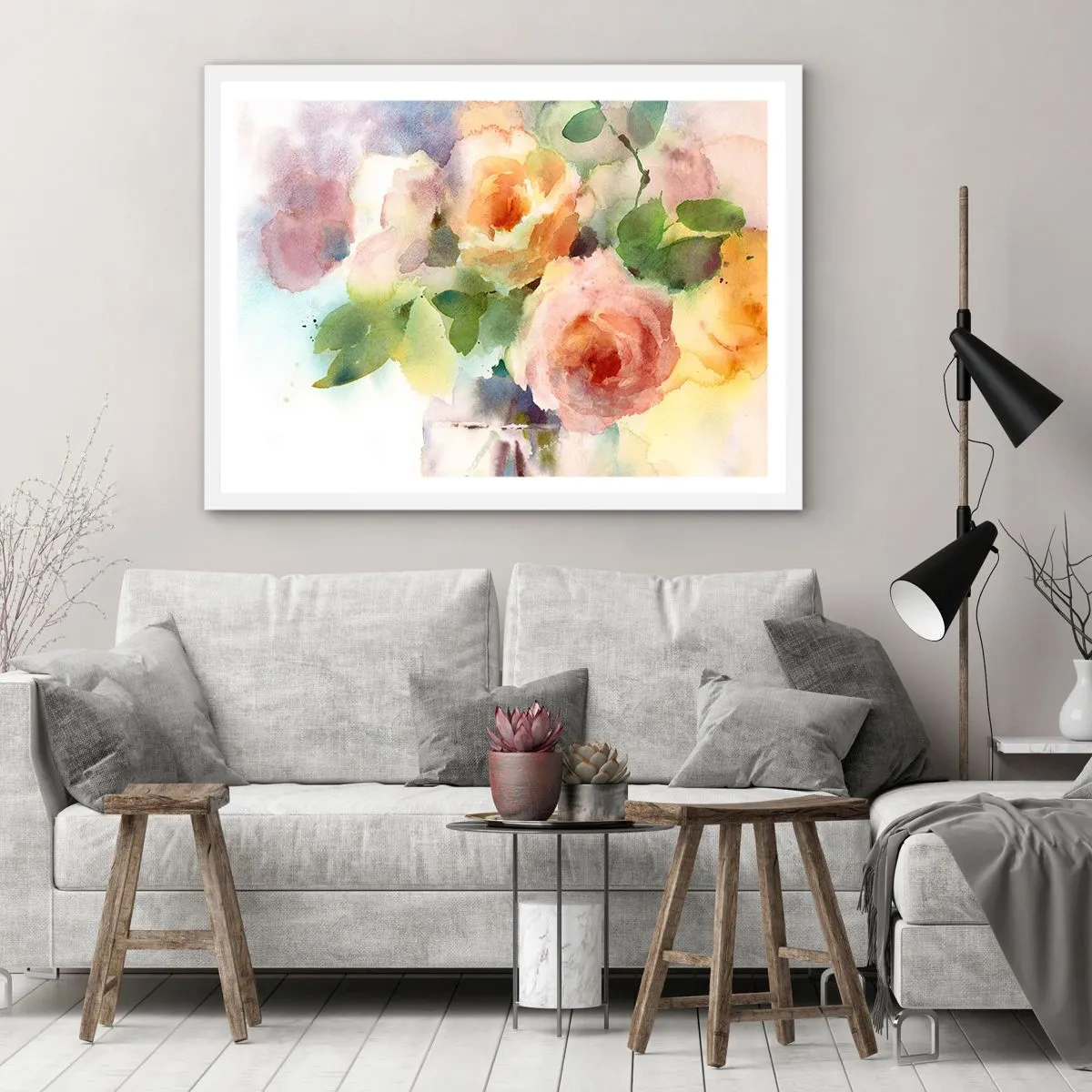 Plakat i hvid ramme - Delikat som akvarelfarve - 100x70 cm