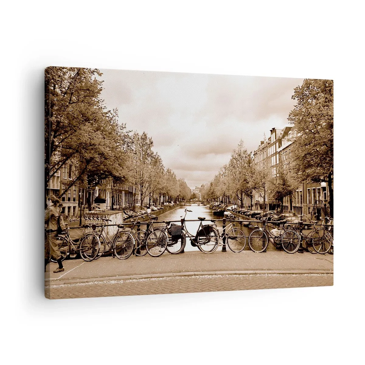 Lærredstryk - Billede på lærred - Cykelbro over kanalen i sepia - 70x50cm - Hollandsk atmosfære - Moderne vægdekoration til stue og soveværelse ARTTOR