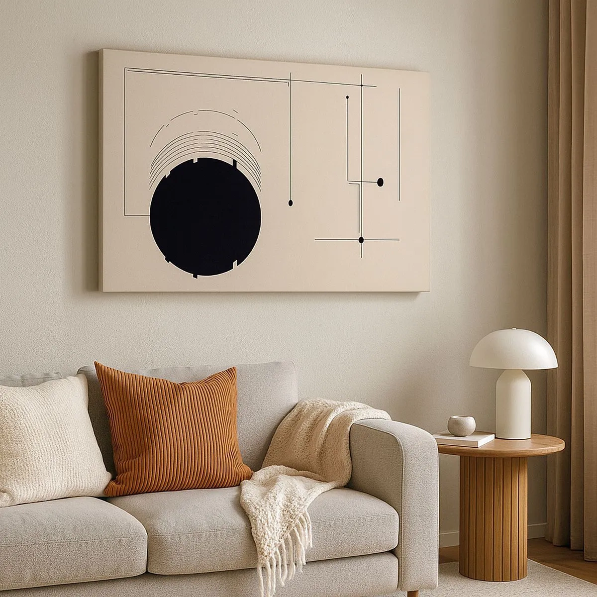 Lærredstryk - Billede på lærred - Sorte geometriske linjer og en cirkel på en beige baggrund - 70x50cm - Fjedrende og dynamisk komposition - Moderne vægdekoration til stue og soveværelse ARTTOR