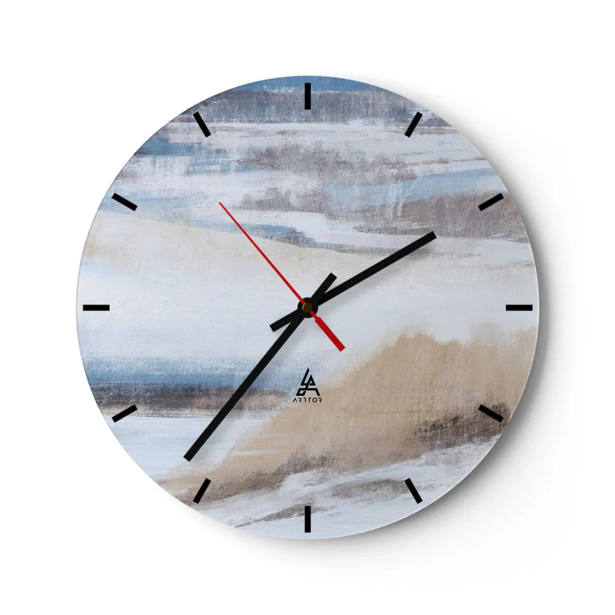 Vægur, Uret - Vinterlandskab i nuancer af blå, beige og hvid - 30x30cm - Vinterkomposition - Moderne vægdekoration til stue, køkken og soveværelse ARTTOR
