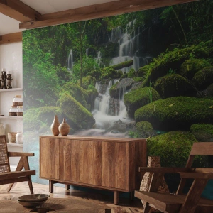 Fototapet Premium Sand - Turkis, safirer og flydende sølv - Landskab, Vandfald, Bjergstrøm - 250x175 cm