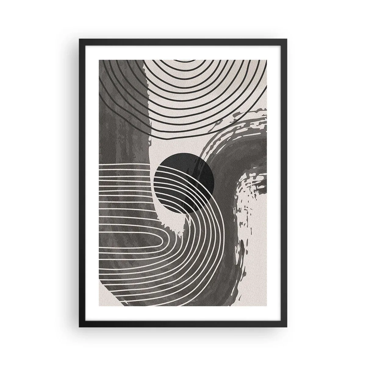 Plakat i sort ramme - Geometrisk abstraktion i nuancer af grå og sort - 50x70cm - Oval vinder - Moderne vægdekoration til stue og soveværelse ARTTOR