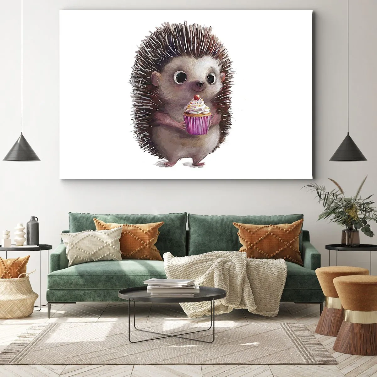 Lærredstryk - Billede på lærred - Et sødt pindsvin med en cupcake - 70x50cm - Fejring er hver dag - Moderne vægdekoration til stue og soveværelse ARTTOR