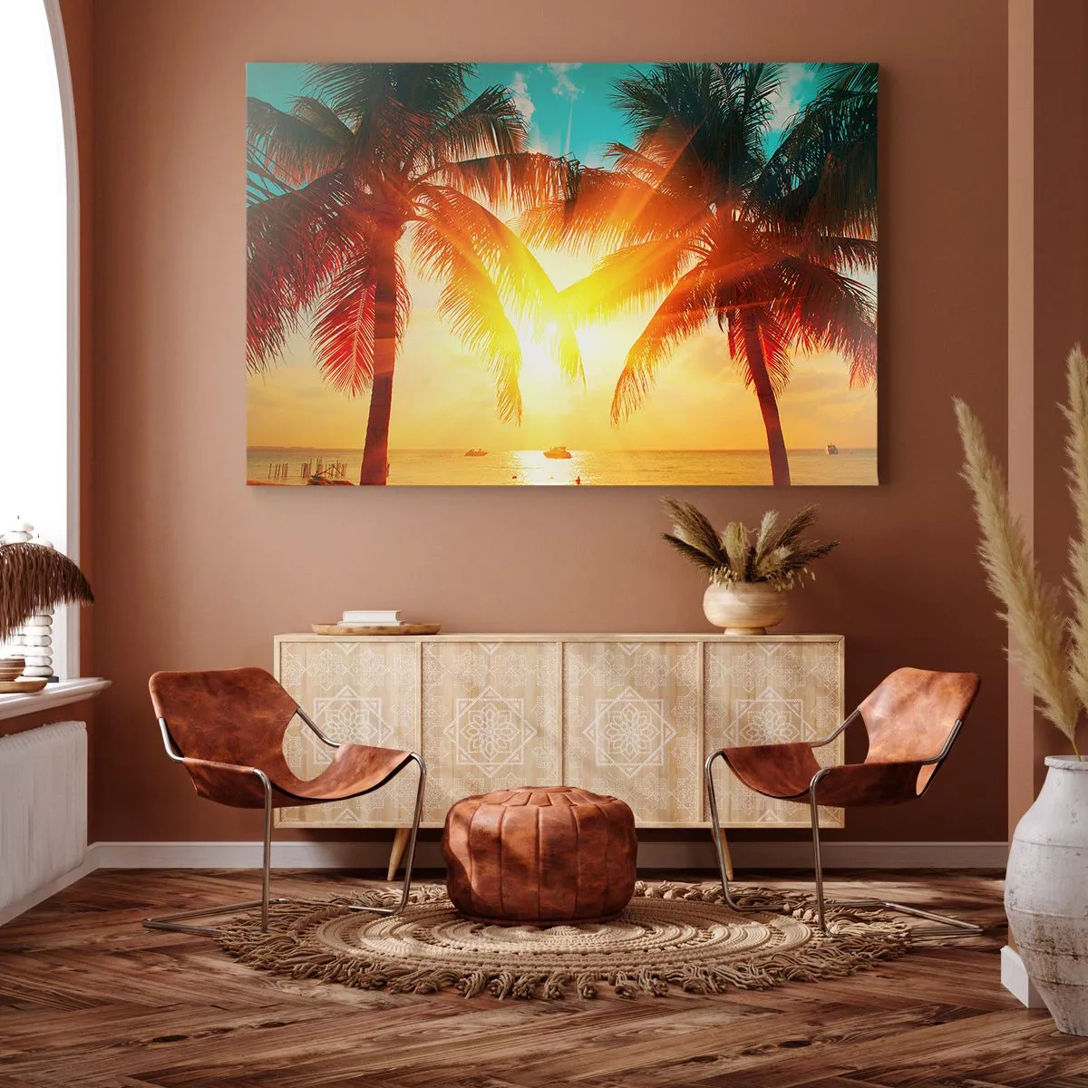 Lærredstryk - Billede på lærred - Palmer oplyst af det varme lys fra den nedgående sol - 70x50cm - Eksotisk par - Moderne vægdekoration til stue og soveværelse ARTTOR