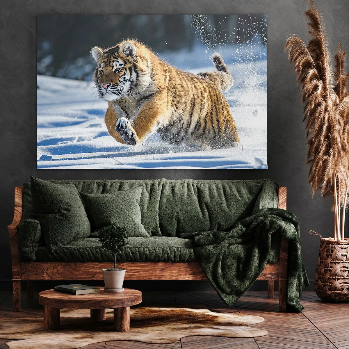 Lærredstryk - Billede på lærred - En sibirisk tiger løber i et snedækket landskab - 70x50cm - Den sibiriske taigas gud - Moderne vægdekoration til stue og soveværelse ARTTOR