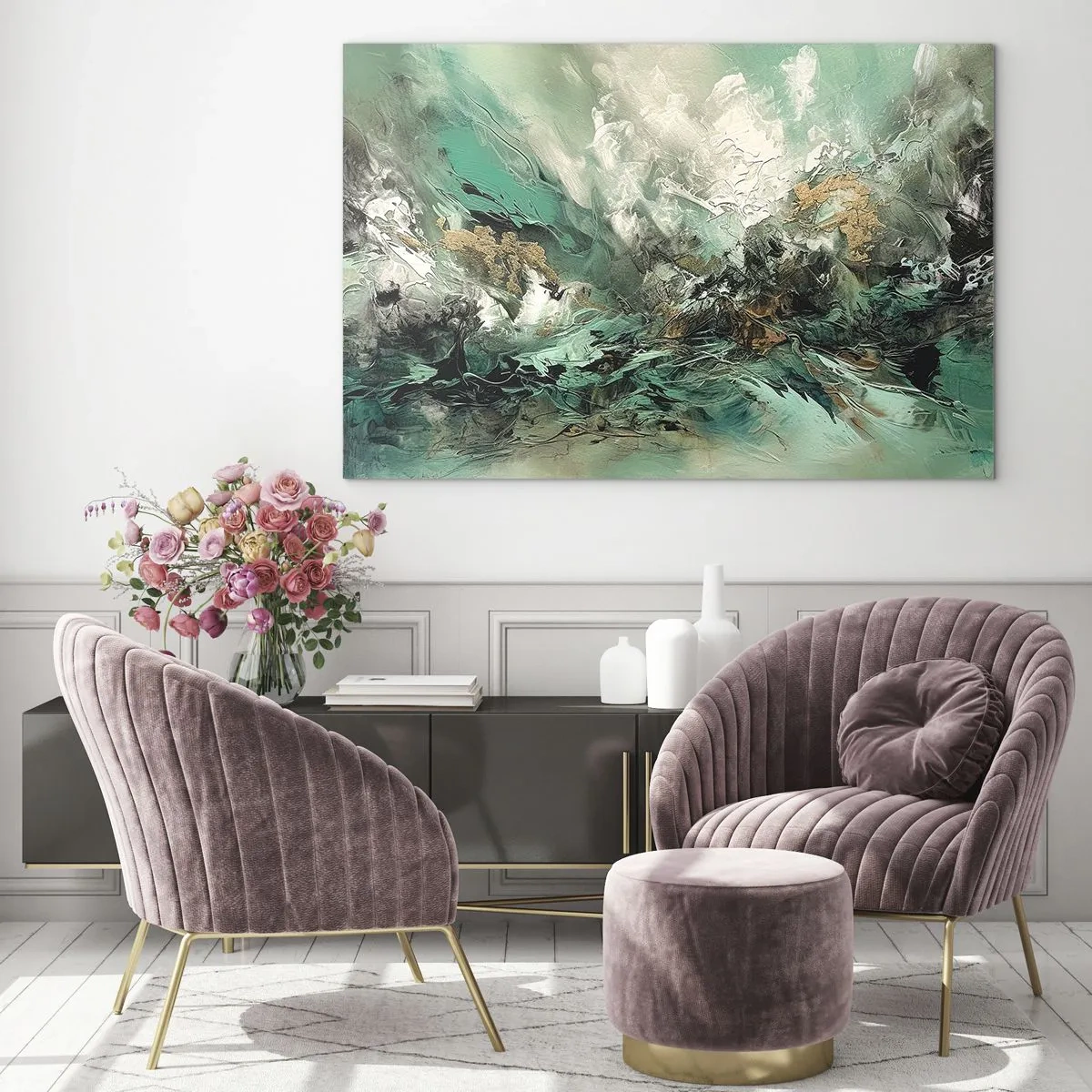 Billede på glas - En abstrakt komposition i nuancer af smaragdgrøn, sort og hvid. - 70x50cm - Smaragdsort byld - Moderne vægdekoration til stue og soveværelse ARTTOR