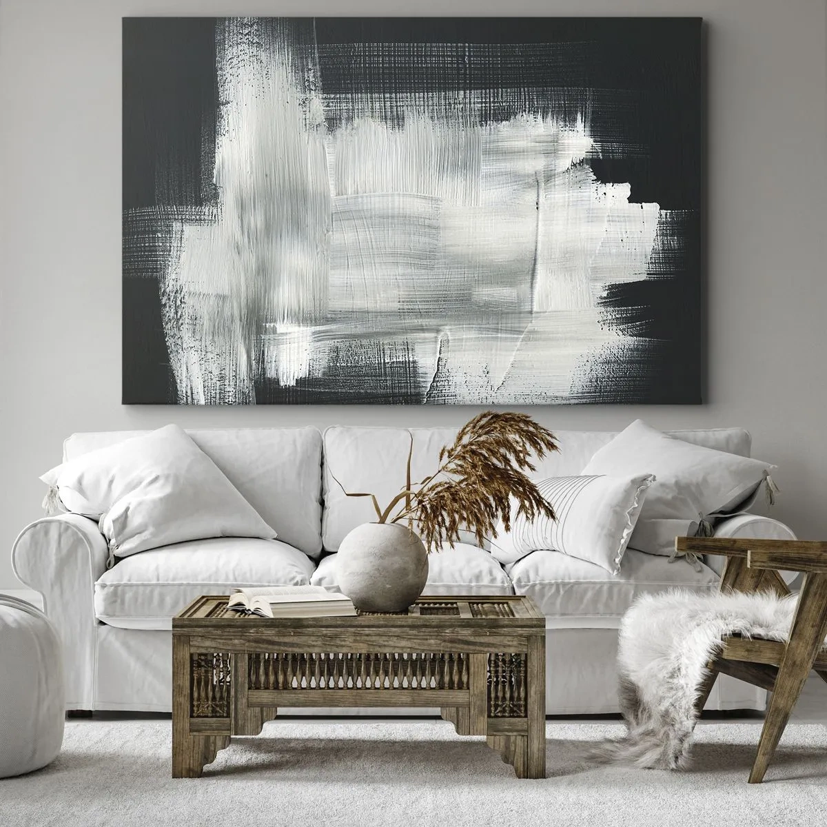 Lærredstryk - Billede på lærred - Hvide abstrakte streger på en mørk baggrund - 70x50cm - Vævet af det lodrette og det vandrette - Moderne vægdekoration til stue og soveværelse ARTTOR