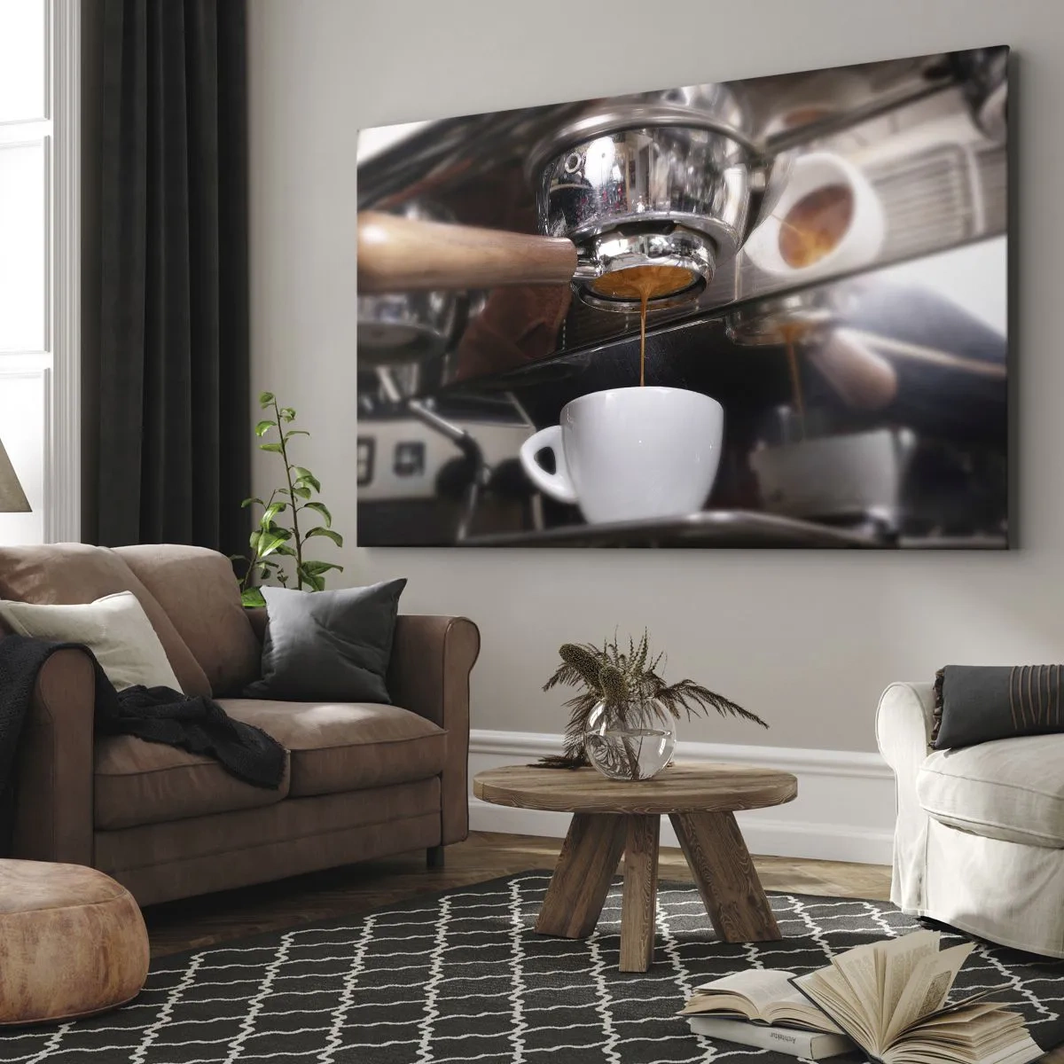 Lærredstryk - Billede på lærred - Nærbillede af en kaffemaskine, der tilbereder et frisk shot espresso - 70x50cm - Et godt øjeblik på dagen - Moderne vægdekoration til stue og soveværelse ARTTOR