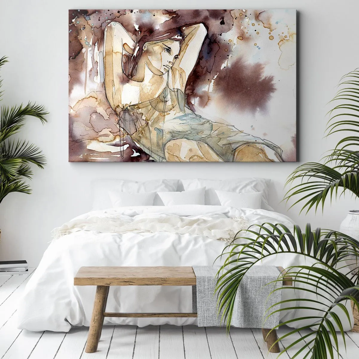 Lærredstryk - Billede på lærred - Kvinde i kunstnerisk akvarelstil med brun baggrund - 70x50cm - I stemning af lilla - Moderne vægdekoration til stue og soveværelse ARTTOR
