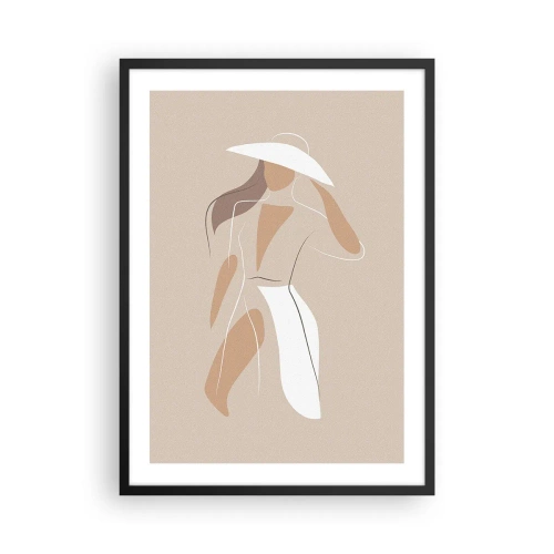 Plakat i sort ramme - En minimalistisk silhuet af en kvinde i en hat på en beige baggrund. - 50x70cm - Mode er sjovt - Moderne vægdekoration til stue og soveværelse ARTTOR