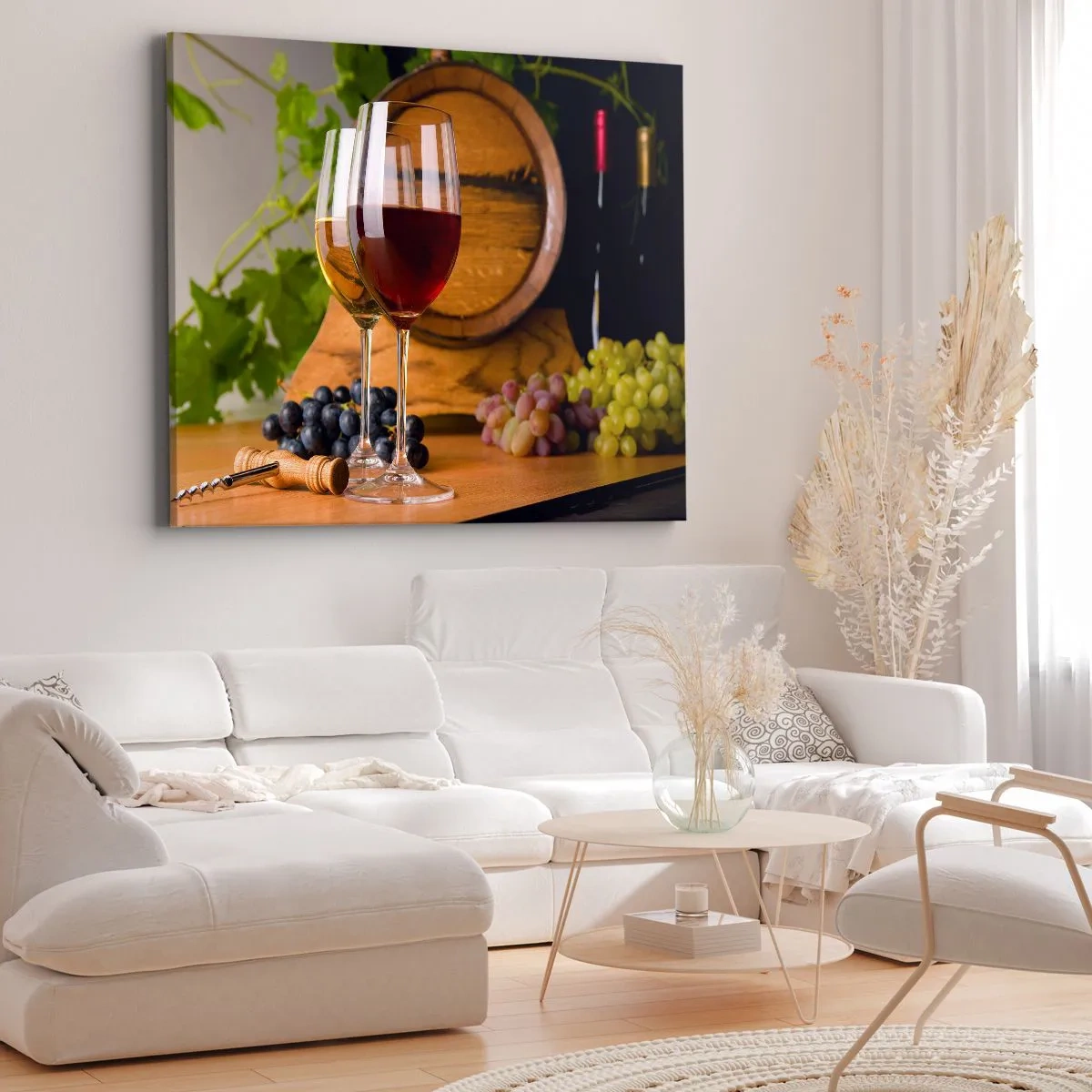 Lærredstryk - Billede på lærred - Glas vin med druer, en tønde og flasker på et træbord - 70x50cm - Som de gamle mestre - Moderne vægdekoration til stue og soveværelse ARTTOR