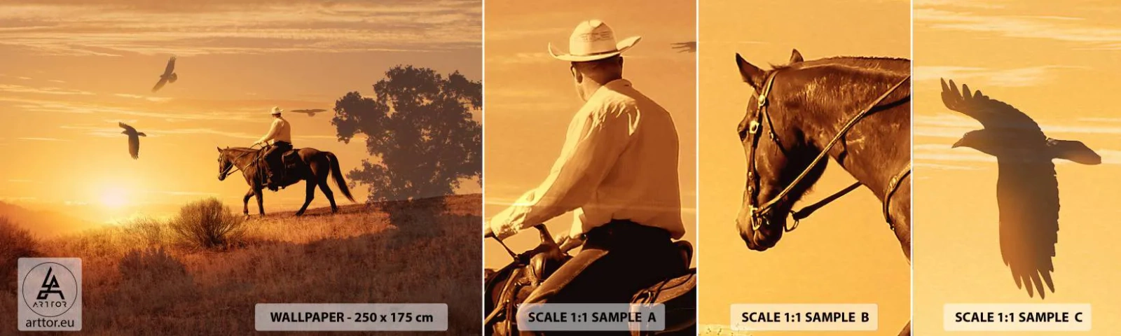 Prøve Fototapet Selvklæbende Deluxe Sticker - Alene på tværs af prærien - Hest, Cowboy, Landskab - 100x30 cm