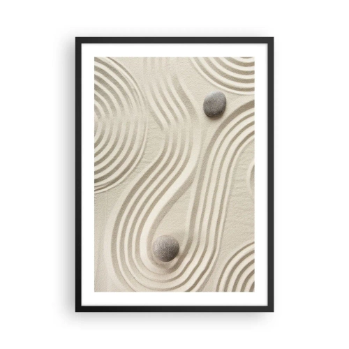 Plakat i sort ramme - En minimalistisk komposition af en japansk zenhave med sten - 50x70cm - Et strejf af varme - Moderne vægdekoration til stue og soveværelse ARTTOR