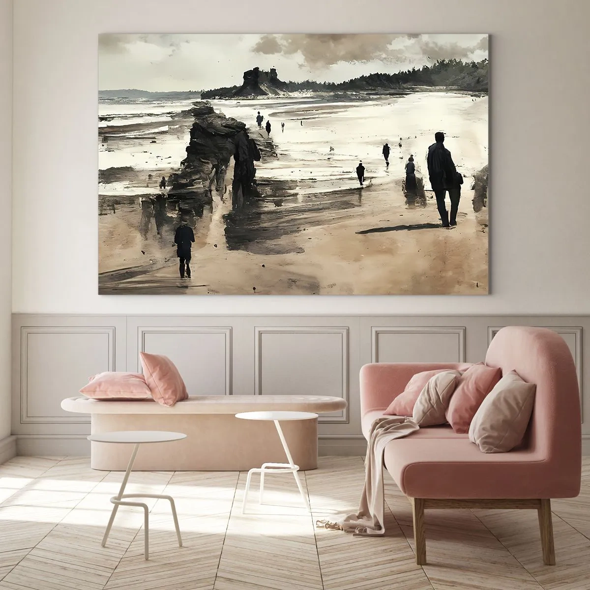 Billede på glas - Silhuetter går på en bred strand under en overskyet himmel - 70x50cm - Indkaldt - Moderne vægdekoration til stue og soveværelse ARTTOR