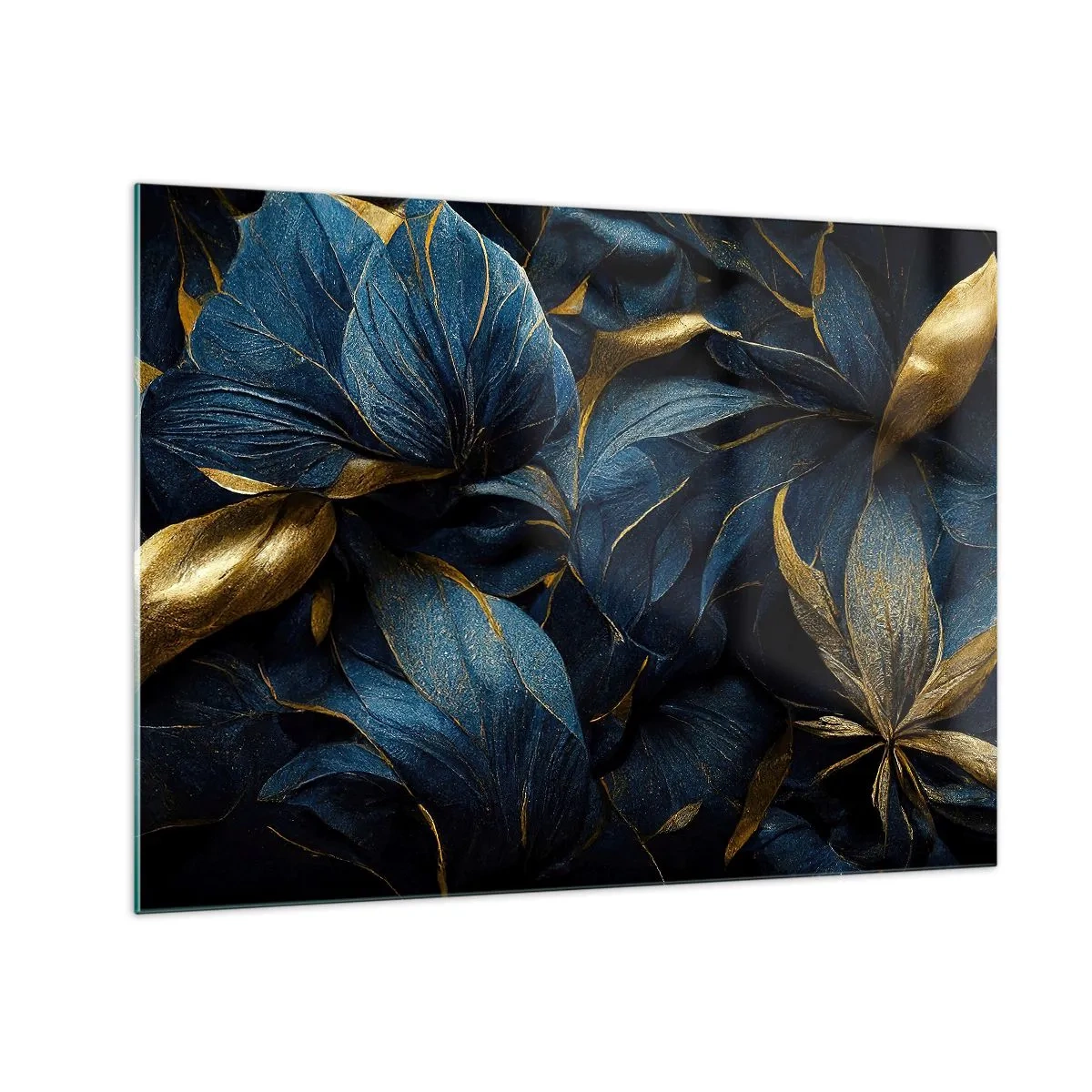 Billede på glas - Mørkeblå blade med diskrete gulddetaljer - 70x50cm - Foret med guld - Moderne vægdekoration til stue og soveværelse ARTTOR