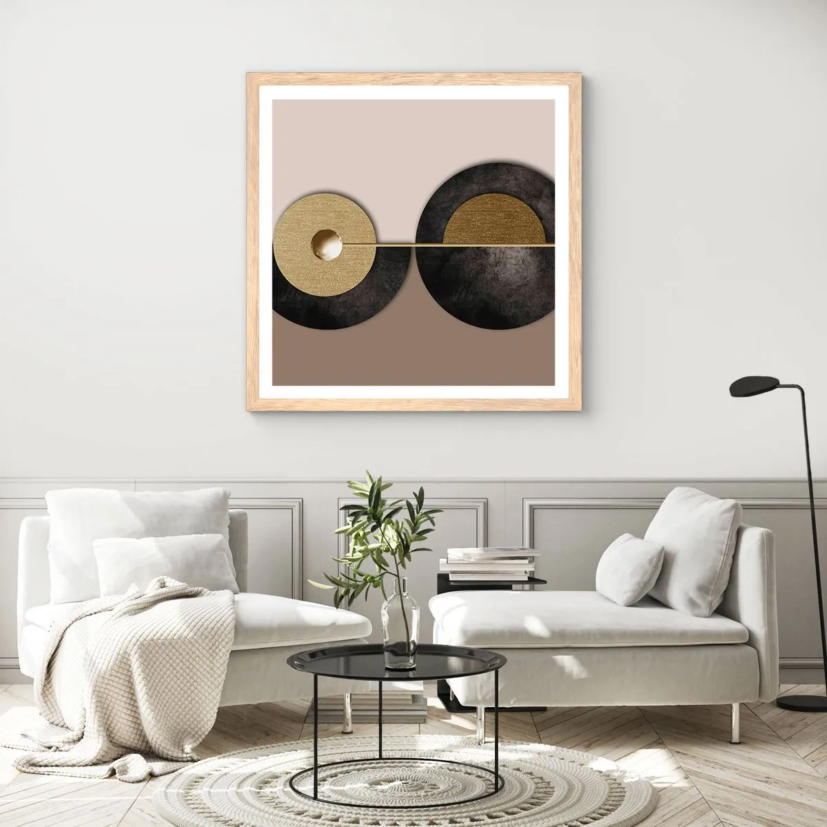 Plakat i ramme af lyst egetræ - Variationer omkring en cirkel - 50x50 cm