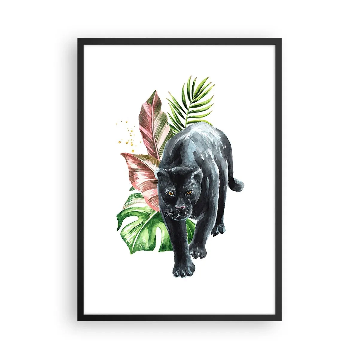 Plakat i sort ramme - Sort panter mod en baggrund af tropiske blade - 50x70cm - Vild i hjertet - Moderne vægdekoration til stue og soveværelse ARTTOR