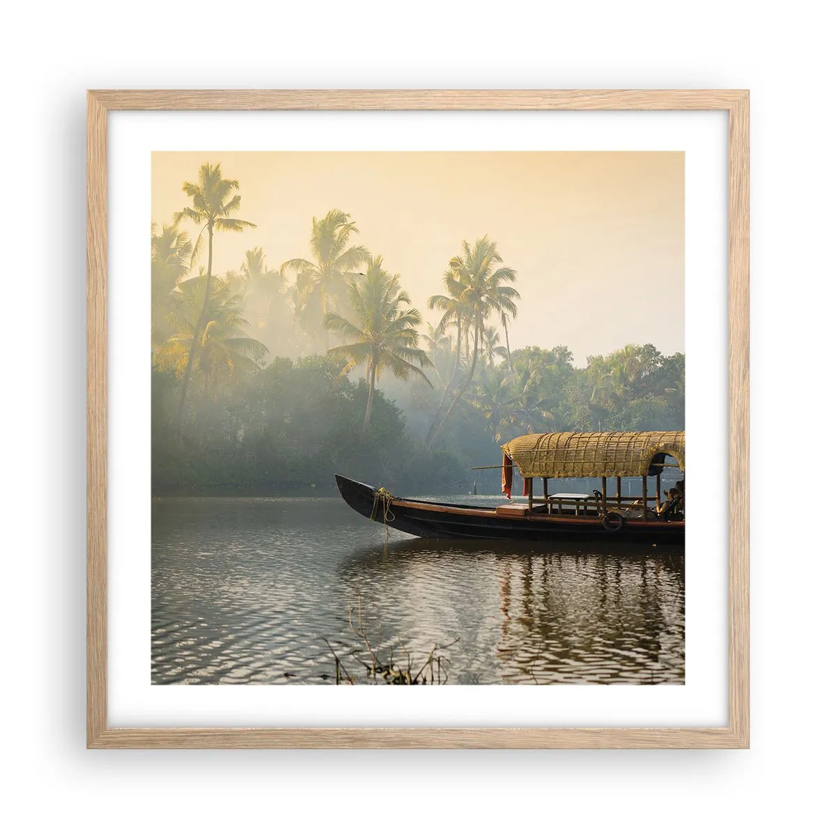 Plakat i ramme af lyst egetræ - Hus ved floden - 50x50 cm