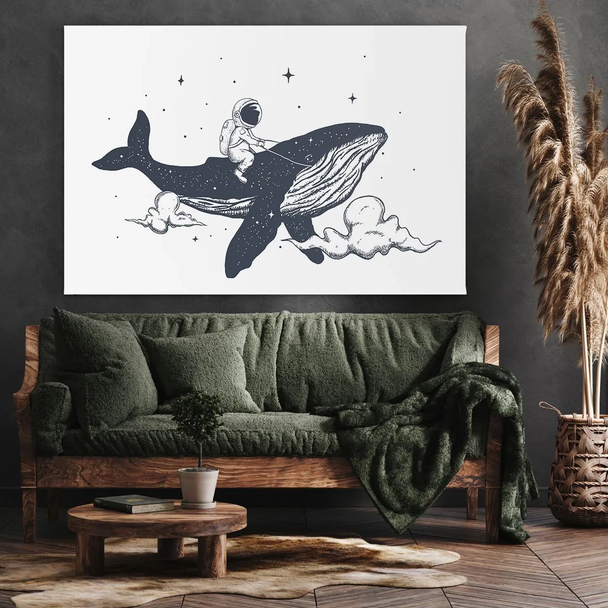 Lærredstryk - Billede på lærred - Astronaut på en hval, der svæver i rummet - 70x50cm - Et kosmisk eventyr - Moderne vægdekoration til stue og soveværelse ARTTOR