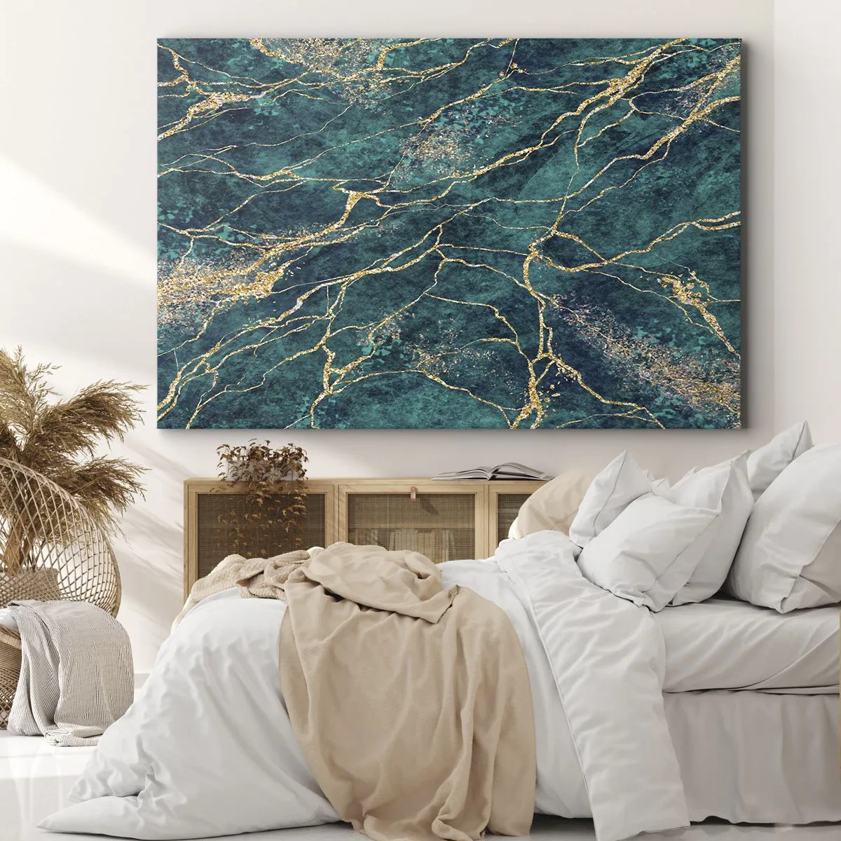 Lærredstryk - Billede på lærred - Tekstureret marmormønster i nuancer af turkis og guld - 70x50cm - Guldåre - Moderne vægdekoration til stue og soveværelse ARTTOR
