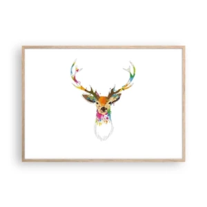 Plakat i ramme af lyst egetræ - Blid kronhjort badet i farver - 100x70 cm