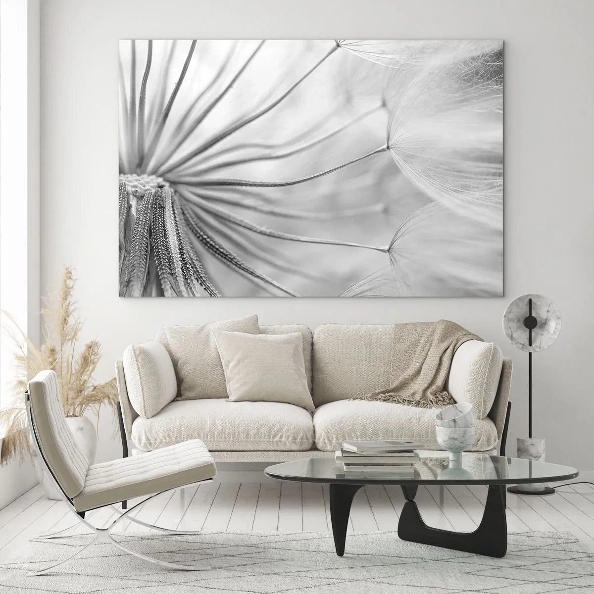 Billede på glas - Makrofotografi af en mælkebøtte i sort-hvide nuancer - 70x50cm - Blæsende drager - Moderne vægdekoration til stue og soveværelse ARTTOR