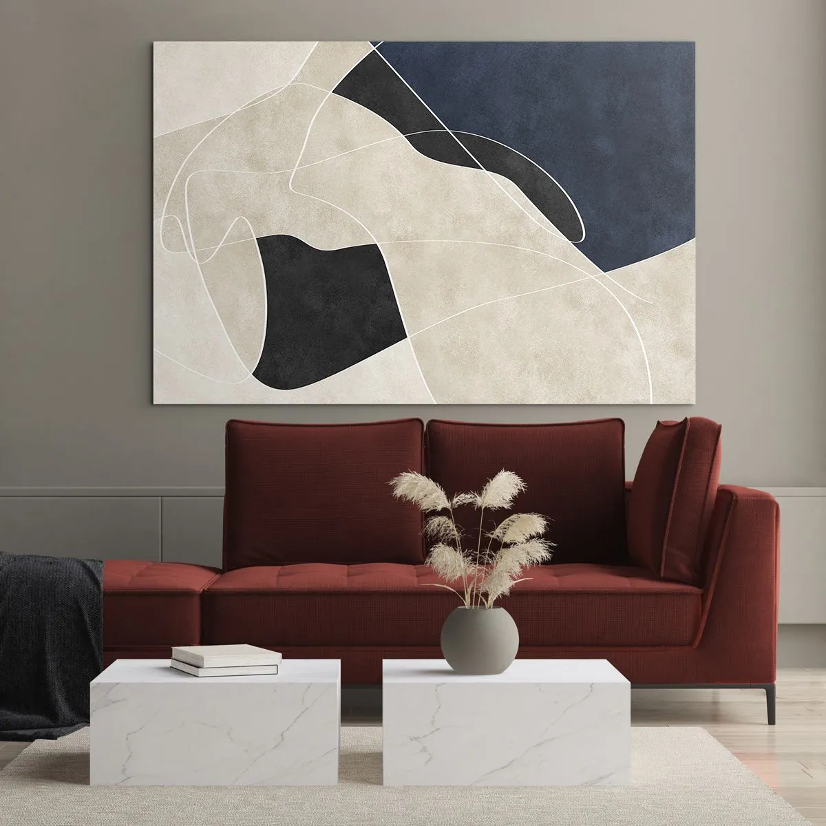 Billede på glas - Moderne abstraktion med kontrasterende former og linjer - 70x50cm - Abstrakt komposition - kontrast af farver - Moderne vægdekoration til stue og soveværelse ARTTOR