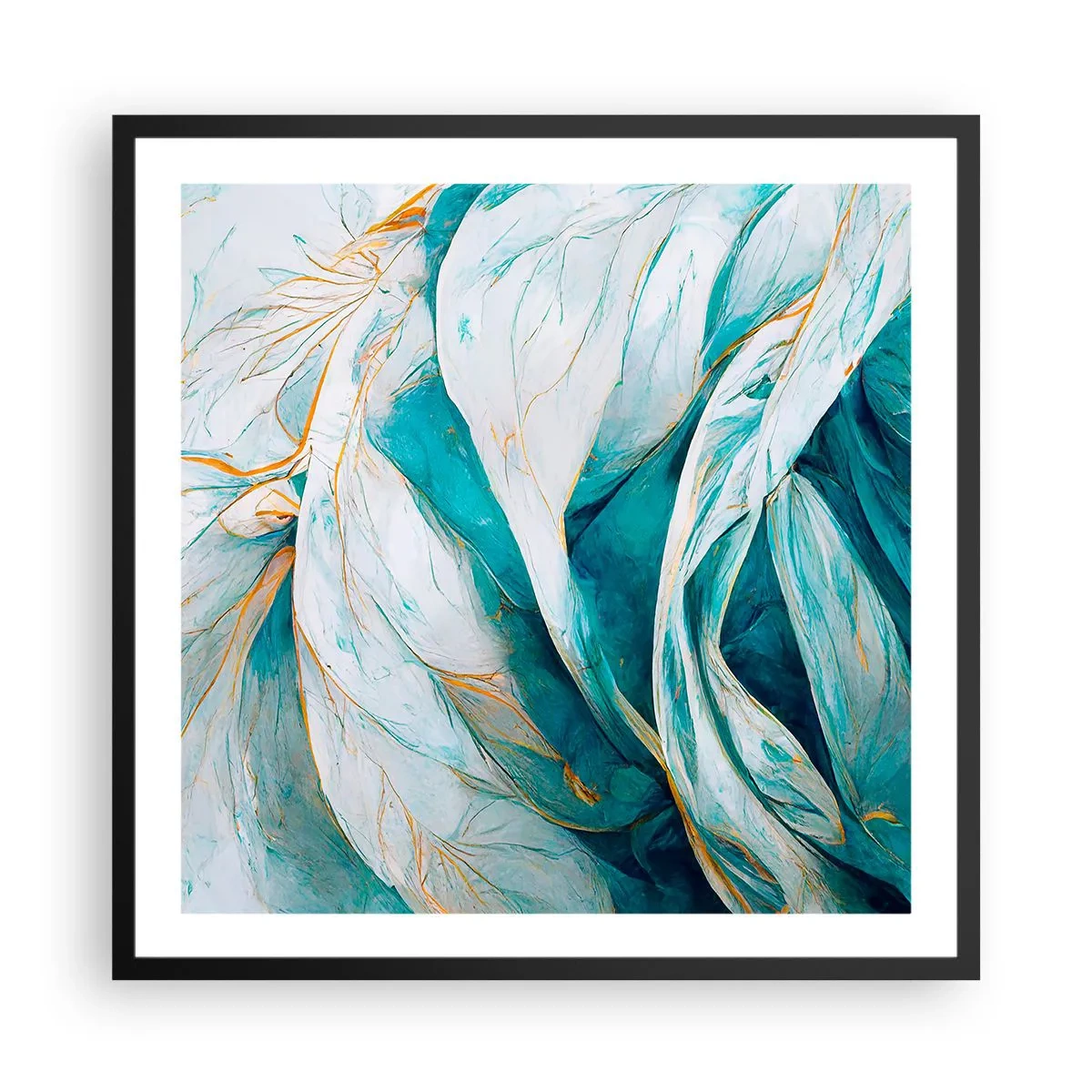 Plakat i sort ramme - Blå abstraktion med et guldmotiv - 60x60 cm