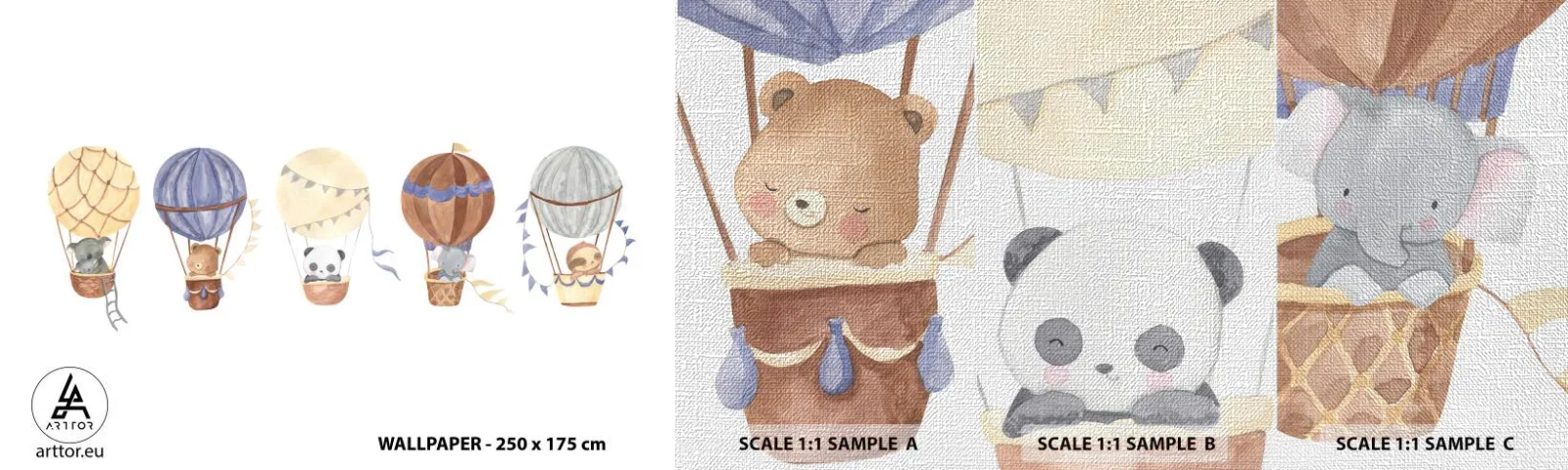 Prøve Fototapet Premium Canvas - Venner på farten - Balloner, Dyr, Børns - 100x30 cm