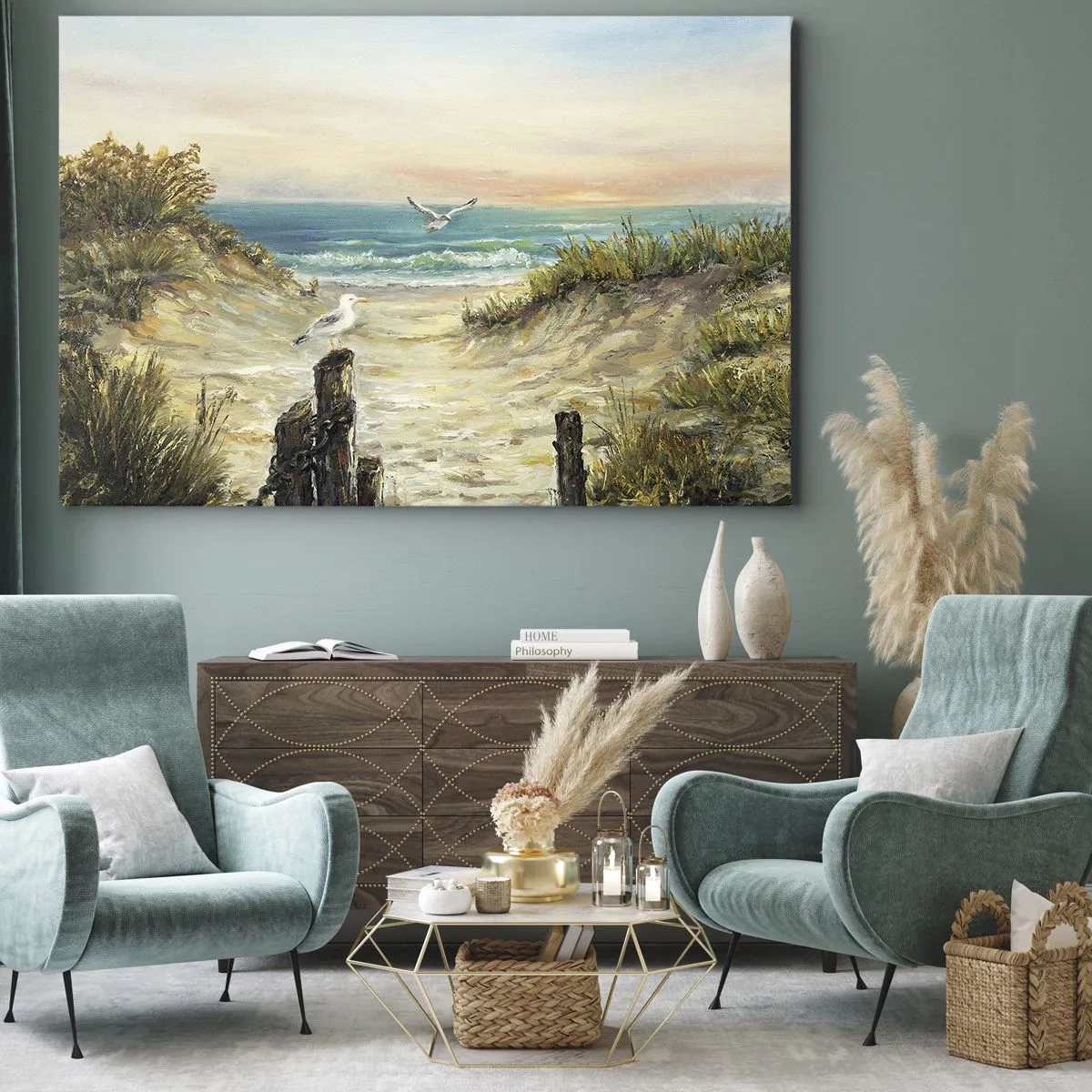 Lærredstryk - Billede på lærred - Kyst med måger og klitter ved solnedgang - 70x50cm - Vindstille tilbagetog - Moderne vægdekoration til stue og soveværelse ARTTOR