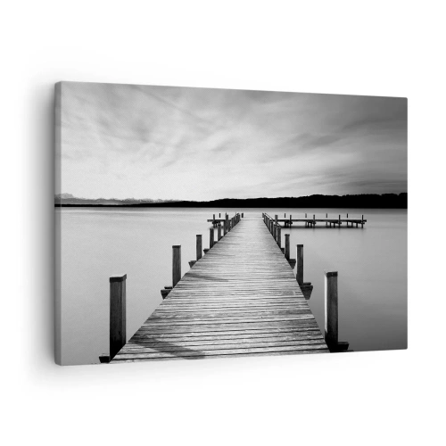Lærredstryk - Billede på lærred - En sort-hvid mole ved en rolig sø - 70x50cm - På vandhullet - fred - Moderne vægdekoration til stue og soveværelse ARTTOR