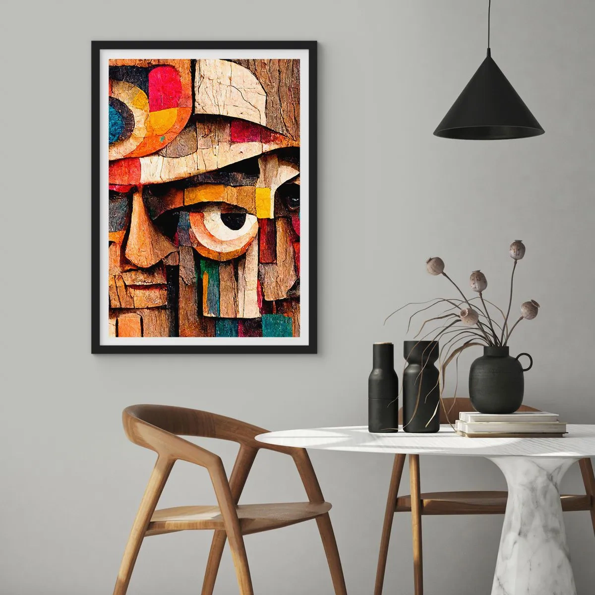 Plakat i sort ramme - Et abstrakt ansigt lavet af farverige træklodser. - 50x70cm - Jeg kan se dig... - Moderne vægdekoration til stue og soveværelse ARTTOR