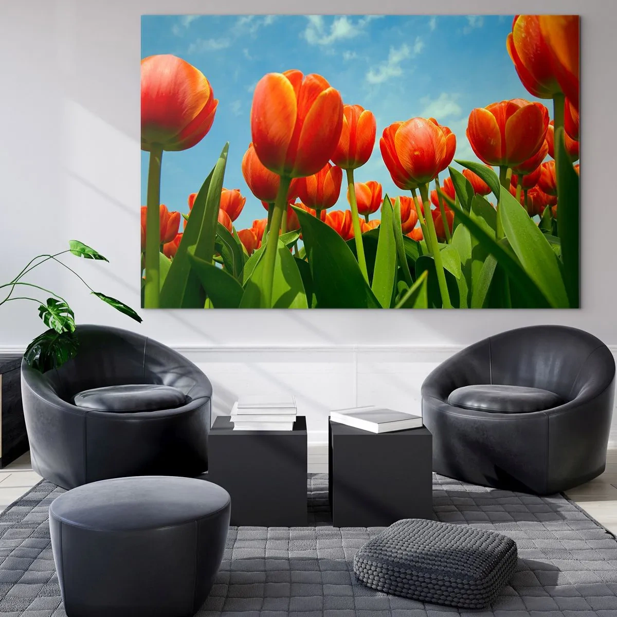 Billede på glas - Et felt af røde tulipaner under en blå himmel - 70x50cm - Bortset fra den blå himmel behøver de intet i livet - Moderne vægdekoration til stue og soveværelse ARTTOR