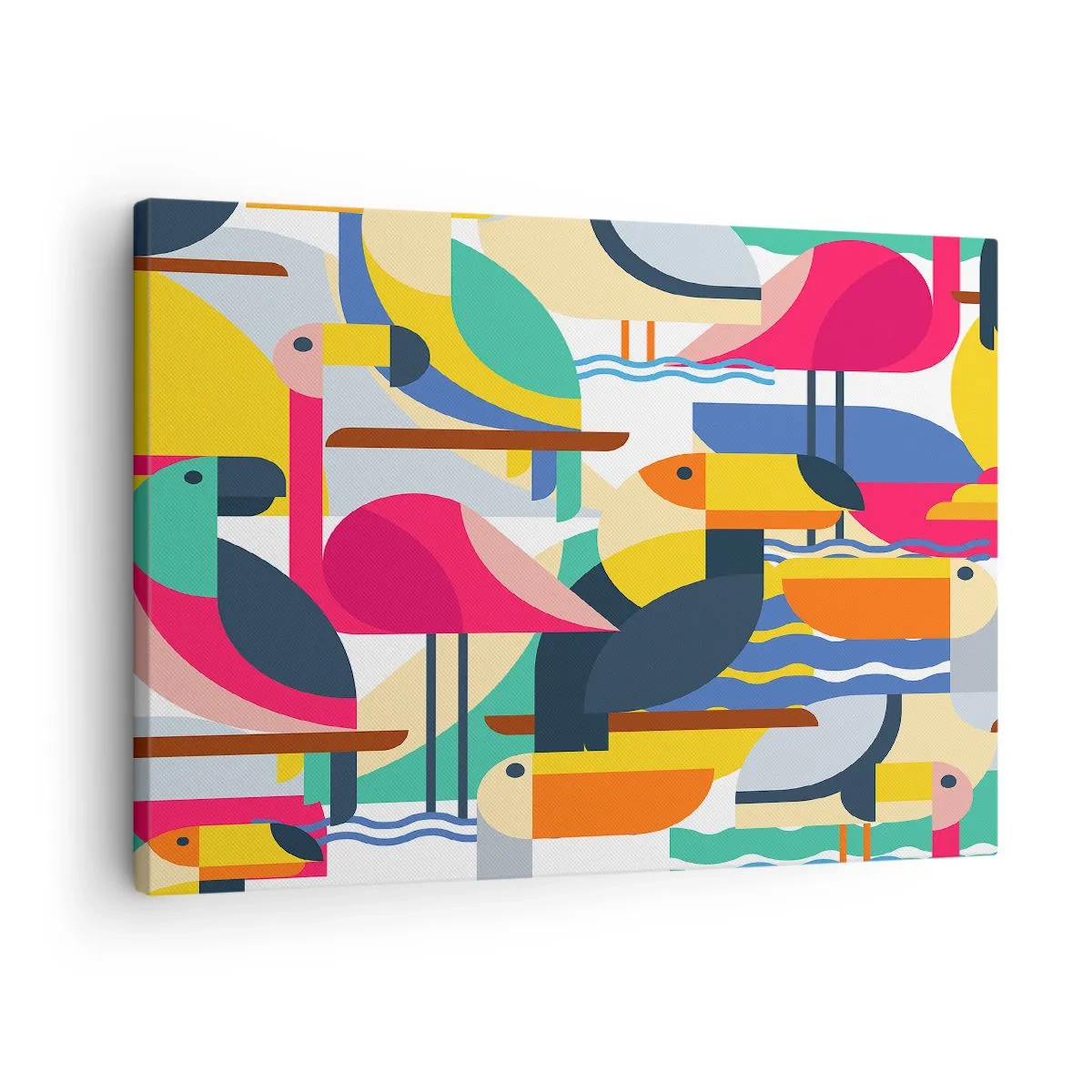 Lærredstryk - Billede på lærred - Farverige fugle i en abstrakt, geometrisk komposition - 70x50cm - Fuglefest - Moderne vægdekoration til stue og soveværelse ARTTOR